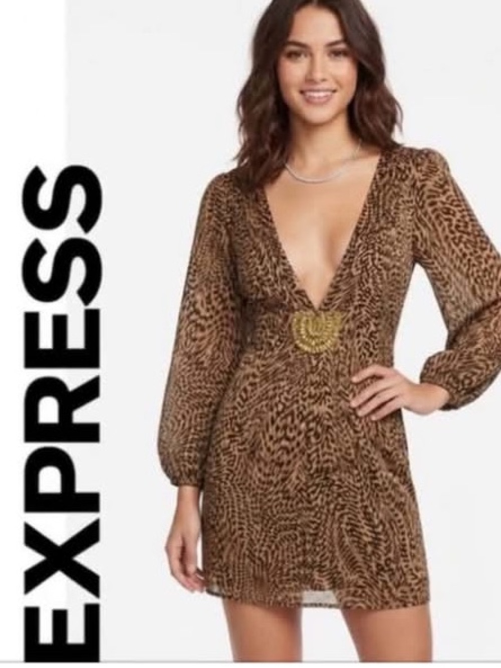 NWT $80 Express Beaded Dress Cover-up Tunic Blouse Top Gold Animal Print Bebe